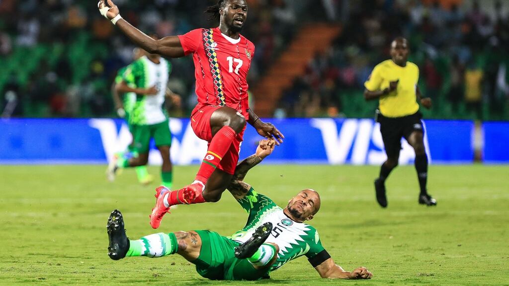 Guinea-Bissau midfielder Mama Balde is tackled by Nigeria defender William Troost-Ekong during the Group D Africa Cup of Nations match at Stade Roumde Adjia in Garoua, Cameroon. Photograph: Daniel Beloumou Olomo/AFP via Getty Images