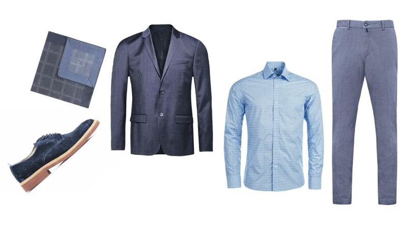 THE FATHER: Calvin Klein jacket, €329 at Arnotts; Paul Costello trousers, €60 from Dunnes Stores; Hugo Boss pocket square, €39 from Brown Thomas; Magee shirt, €79; and Kurt Geiger shoes, €150