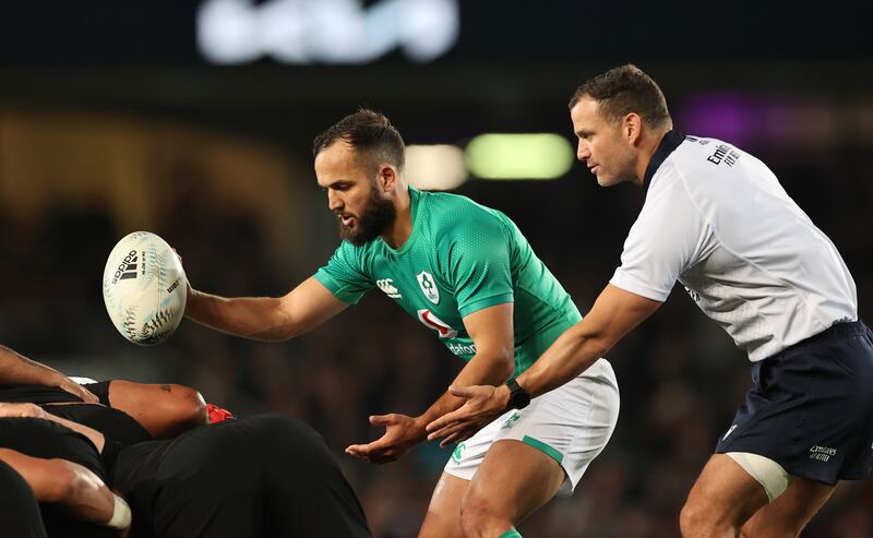 Jamison Gibson-Park in action for Ireland during the first Test against New Zealand at Eden Park Auckland. Photograph: Billy Stickland/Inpho
