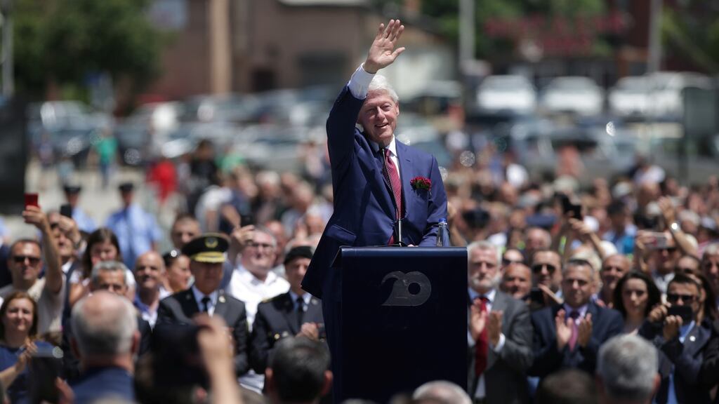 Former US president Bill Clinton delivers a speech during the 20th anniversary of the deployment of Nato troops in Kosovo, in Pristina on Thursday. Photograph: Florion Goga/Reuters
