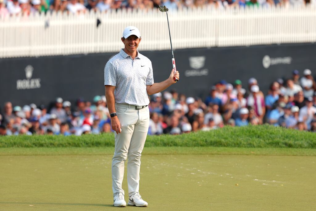 Rory McIlroy reacts on the 18th green during the final round of the PGA Championship at Oak Hill Country Club in Rochester, New York. Photograph: Kevin C. Cox/Getty Images