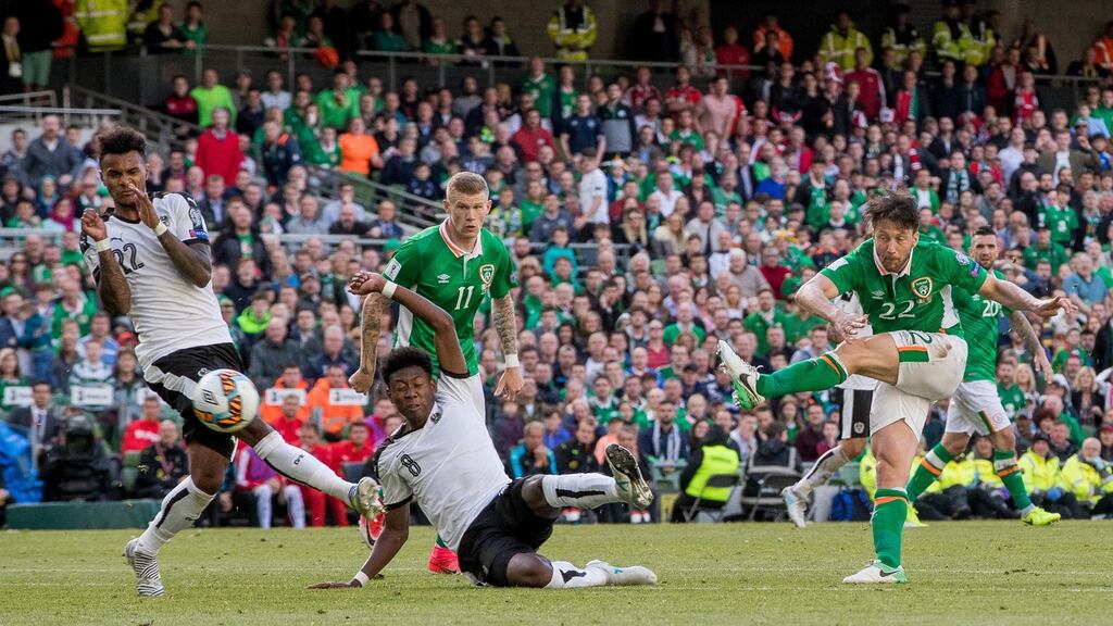 Harry Arter shoots during Ireland’s match against Austria in Dublin in June. Photograph: Inpho