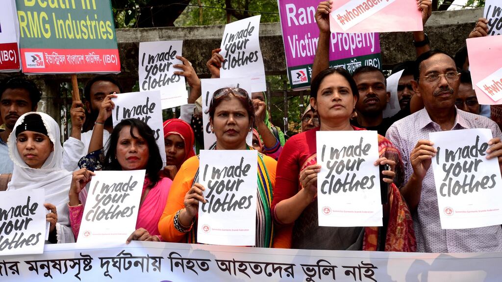 Activists protesting for safe workplace for garments workers mark the sixth anniversary of the Rana Plaza building collapse, in Dhaka, Bangladesh, in April. Photograph: Mamunur Rashid/NurPhoto via Getty Images