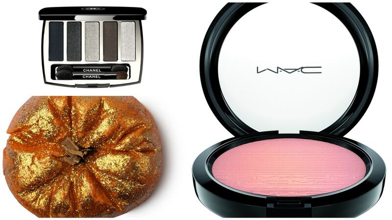 Lush’s sparkly pumpkin holiday bar; Chanel’s eye-shadow palette in Architectonic; Mac’s Beaming Blush.
