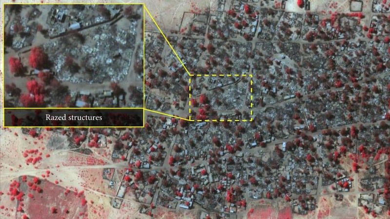 Satellite image of the village of Doro Baga taken five days later. This image shows the destruction of homes and foliage. Photograph: Amnesty International