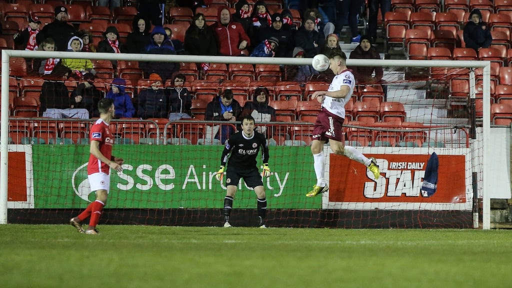 John Sullivan scores to give Galway United the lead against St Patrick’s Athletic during last night’s Premier Division game at Richmond Park. Photograph: Gary Carr/Inpho