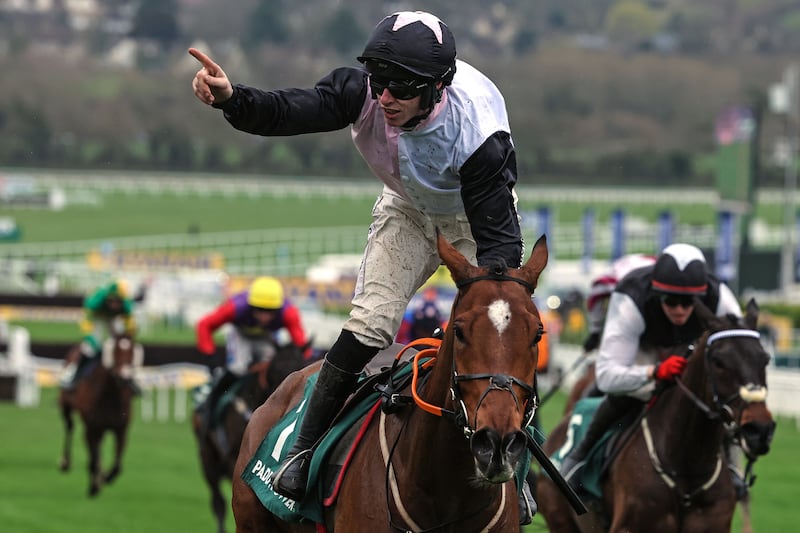 Jack Kennedy on Teahupoo celebrates after winning the Paddy Power stayers' hurdle at Cheltenham in 2024. Photograph: Tom Maher/Inpho