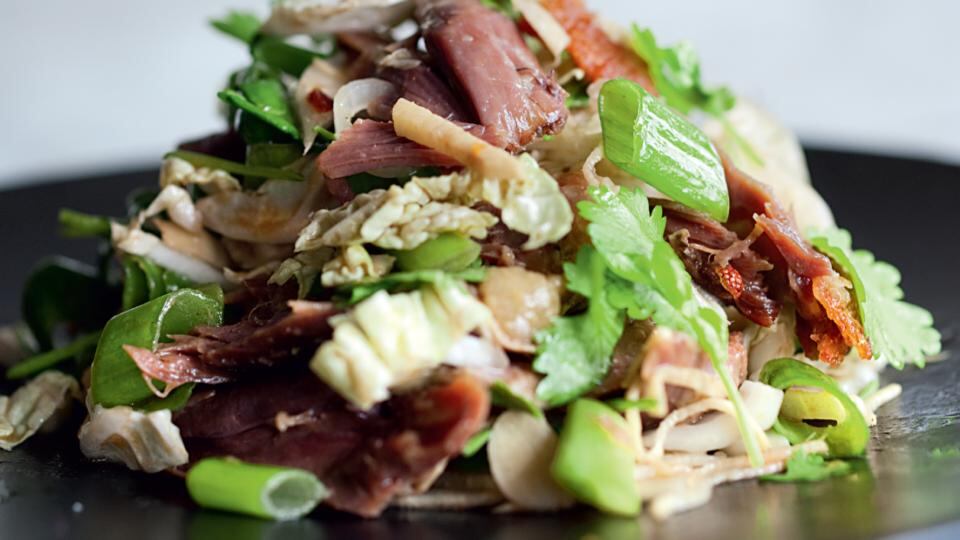 Shredded Chinese cabbage, cashew nut and duck salad from Mange Tout by Bruno Loubet