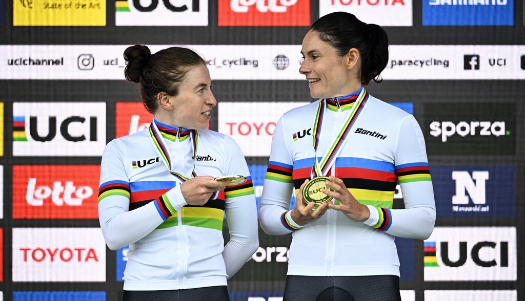 Ireland's Katie-George Dunlevy (right) and Linda Kelly have defended their tandem time trial title at the UCI Para-cycling World Championships in Belgium. Photograph: Jasper Jacobs/Belga Mag/AFP via Getty Images