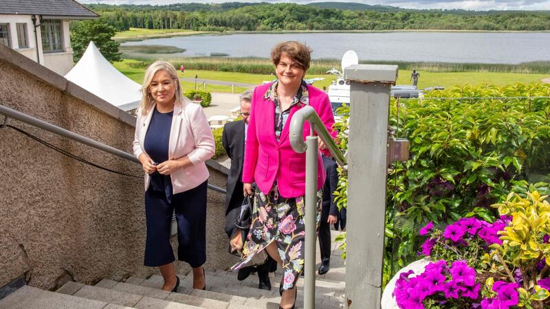 Northern Ireland’s First Minister Arlene Foster walks with Deputy First Minister Michelle O’Neil, after a meeting of the British-Irish Council. Photograph: Getty Images