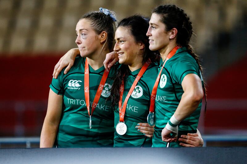 Ireland’s Stacey Flood, Lucy Mulhall and Amee-Leigh Murphy Crowe with their silver medals. Photograph: Martin Seras Lima/Inpho