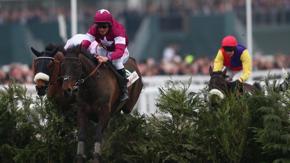Davy Russell riding Rivage D’Or clears the last to win the Glenfarclas Handicap Steeple Chase. Photograph: Michael Steele/Getty Images