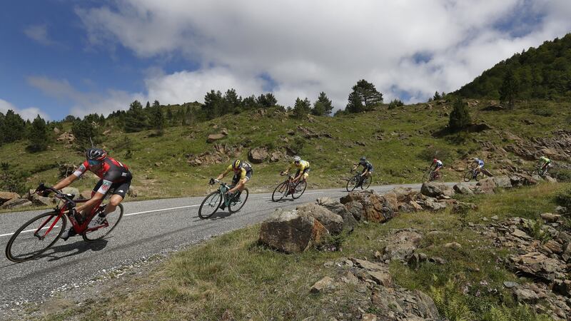 The overall leader, Italian Fabio Aru of Italy in action during the 13th stage of the 104th edition of the Tour de France cycling race over 101km between Saint-Girons and Foix, France on Friday. Photograph: Guillaume Horcajuelo/EPA