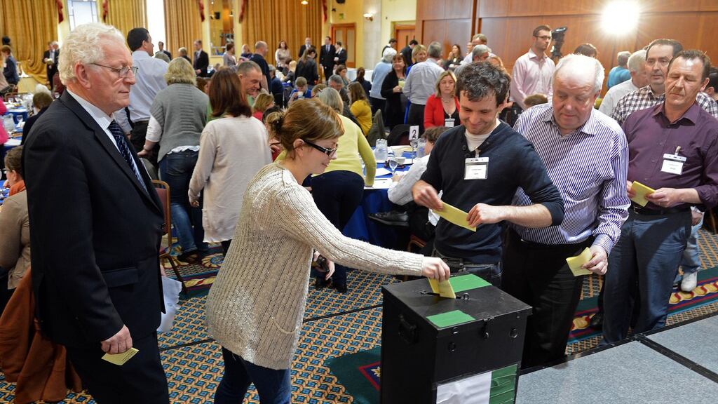 Voting takes place at the constitutional convention today in Malahide, Co Dublin. Delegates recommended the constitution be changed to allow for civil marriage for same-sex couples. Photograph: Eric Luke.