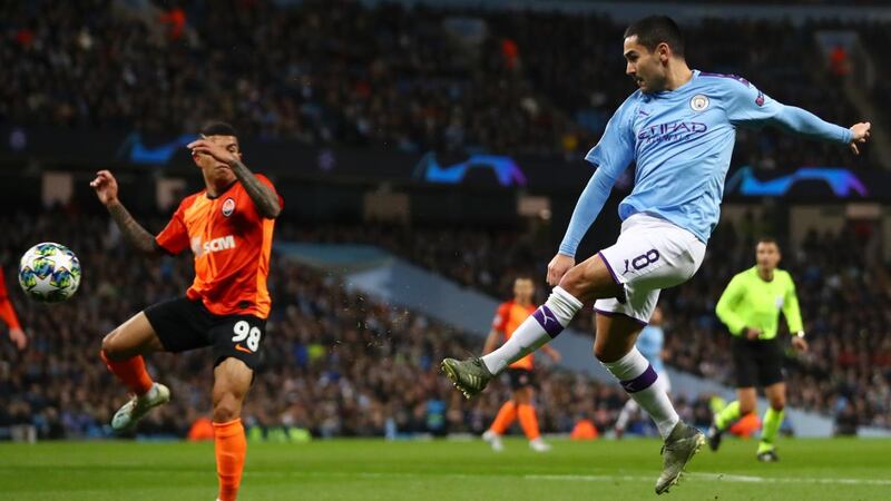 Manchester City’s Ilkay Gündogan scores against Shakhtar Donetsk during the Champions League Group C match at the Etihad Stadium. Photograph: Michael Steele/Getty Images