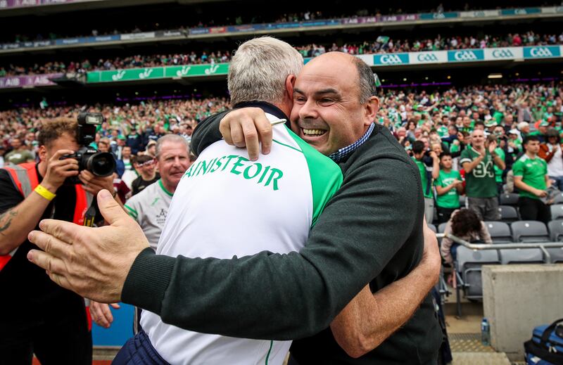 Limerick’s manager John Kiely celebrates after beating Galway in the semi-final. Photograph: Evan Treacy/Inpho