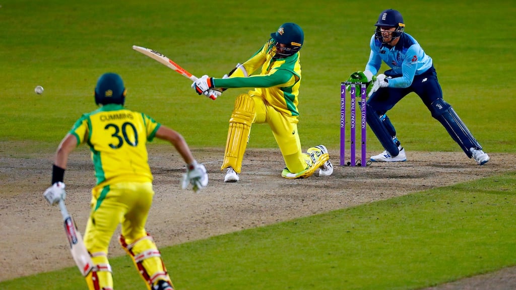 Australia’s Mitchell Starc hits the winning runs in the last over of the third One-Day International against England at Old Trafford. Photograph: Jason Cairnduff/AFP via Getty Images