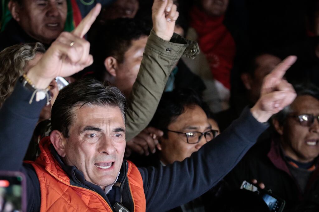 Rodrigo Paz of the Christian Democratic Party celebrates with supporters after hearing the early results of the first round of Bolivia's presidential election on Sunday. Photograph: Jorge Mateo Romay Salinas/Anadolu via Getty Images