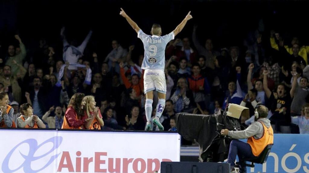 Celta Vigo’s striker Iago Aspas jubilates after scoring his second goal as his side went on to beat Barcelona 4-1 in their Primera Divison clash. Photo: PA