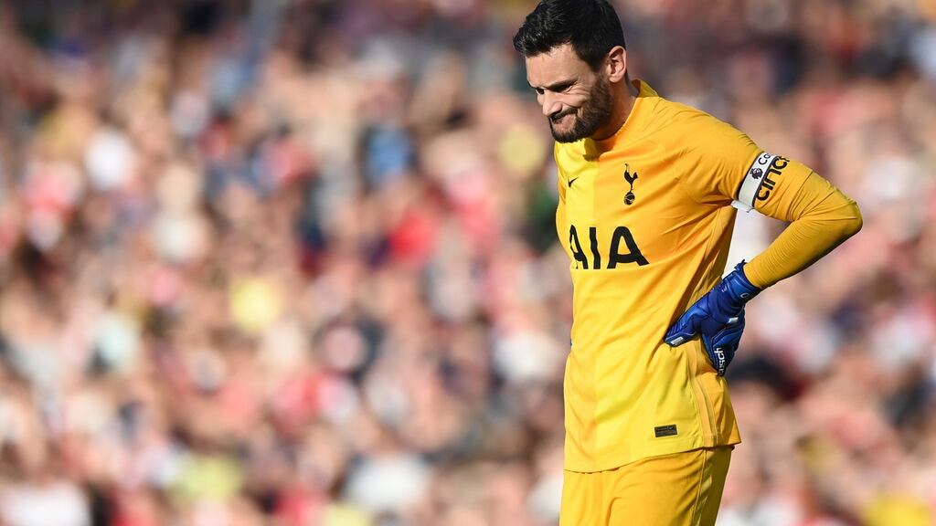 Tottenham goalkeeper Hugo Lloris reacts during his side’s defeat to Arsenal. Photograph: Facundo Arrizabalaga/EPA