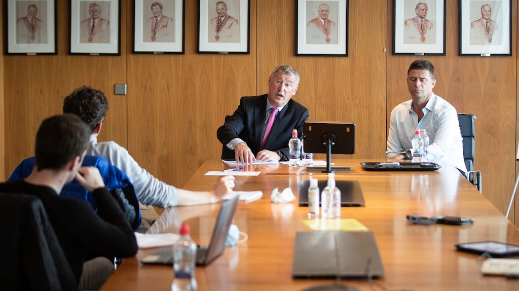 FAI interim chief executive Gary Owens and interim deputy chief executive Niall Quinn at the FAI board media conference at Abbotstown. Photograph: Tommy Dickson/Inpho