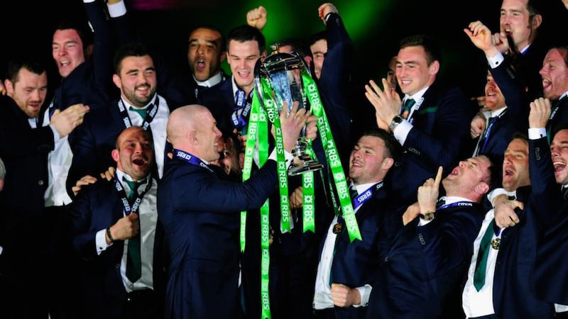 Ireland captain Paul O’ Connell lifts the trophy after the RBS Six Nations match between Scotland and Ireland at Murrayfield Stadium on Saturday. Photograph: Getty