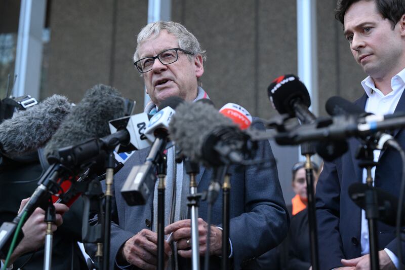 Journalists Chris Masters (left) and Nick McKenzie talking to the media outside the Federal Court of Australia in Sydney on June 1st, 2023. Ben Roberts-Smith, one of Australia's most decorated soldiers, lost a landmark defamation case against major newspapers. Photograph: Saeed Khan/AFP