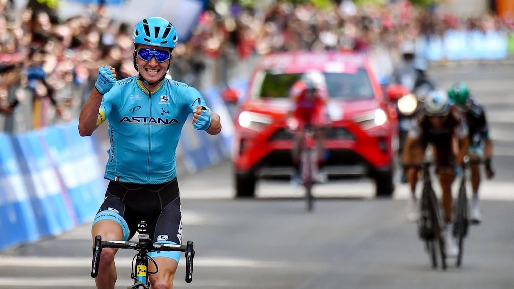 Spanish cyclist Pello Bilbao celebrates winning the seventh stage of the Giro d’Italia. Photograph: AP