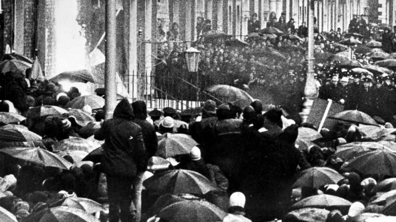 A firebomb outside the British embassy at Merrion Square in Dublin on February 3rd, 1972, as violence flared after the Bloody Sunday massacre in Derry, when British paratroopers shot dead 14 civilians on a civil rights march. Photograph: Getty