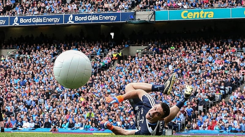 Dublin goalkeeper Stephen Cluxton saves a penalty. Photograph: Tommy Dickson/Inpho