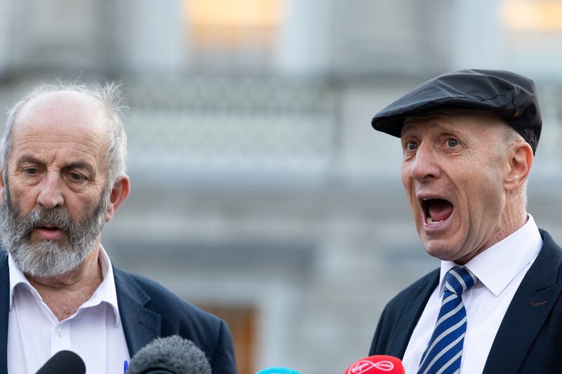 Danny and Michael Healy Rae speak to the media on the Plinth of Leinster House, as they reach a deal to support the new Government, with Michael Confirming a junior Ministerial position in a Department yet to be decided. Photograph: Sam Boal/Collins Photos