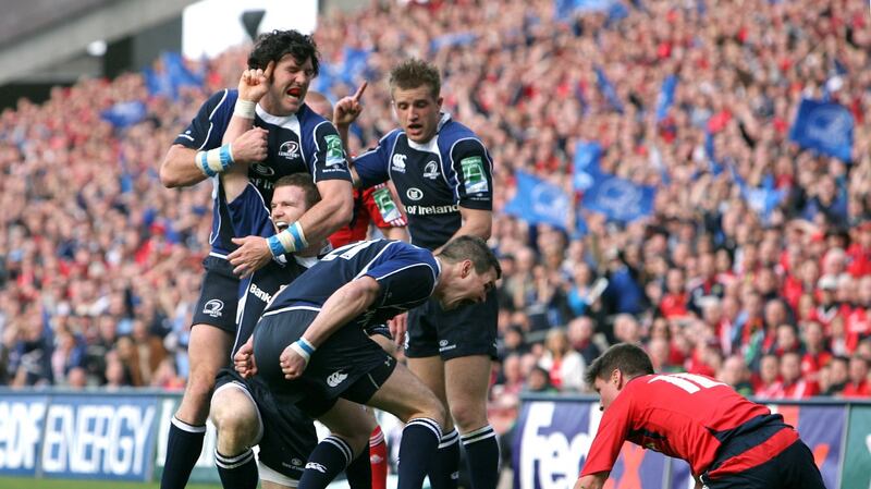 Leinster’s Gordon D’Arcy celebrates his try against Munster at Croke Park in 2009. File photograph: James Crombie/Inpho