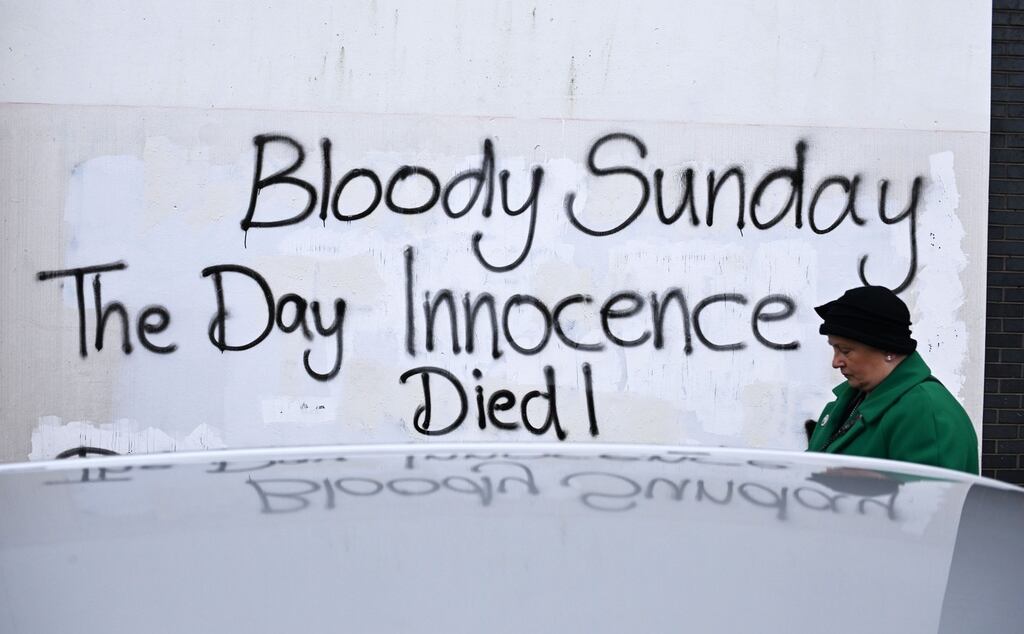Graffiti in Derry marking the 50th anniversary of Bloody Sunday.  Photograph: Charles McQuillan/Getty Images