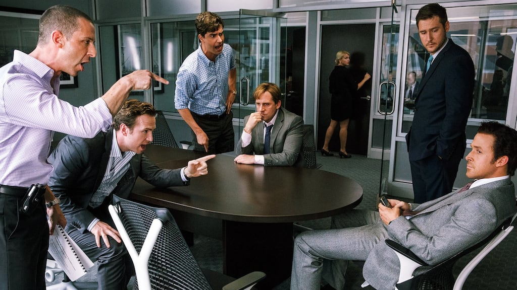 Hamish Linklater, Jeremy Strong, Steve Carell, Rafe Spall, Jeffry Griffin and Ryan Gosling in The Big Short (2015)