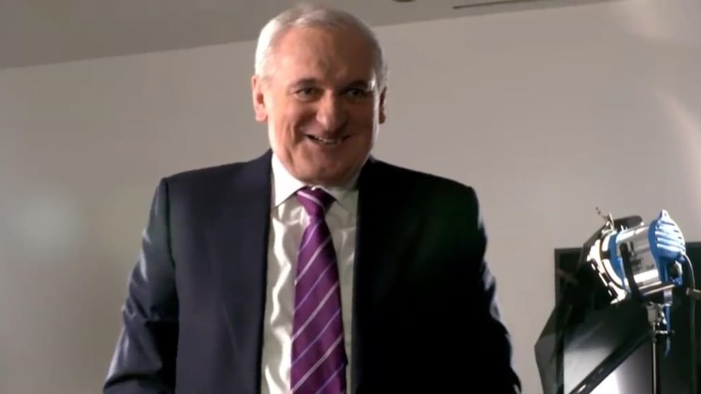 ‘I agreed to meet you on the Good Friday Agreement, we’ve done that, so I’m finished,’ Ahern says, before removing his microphone and walking off camera.