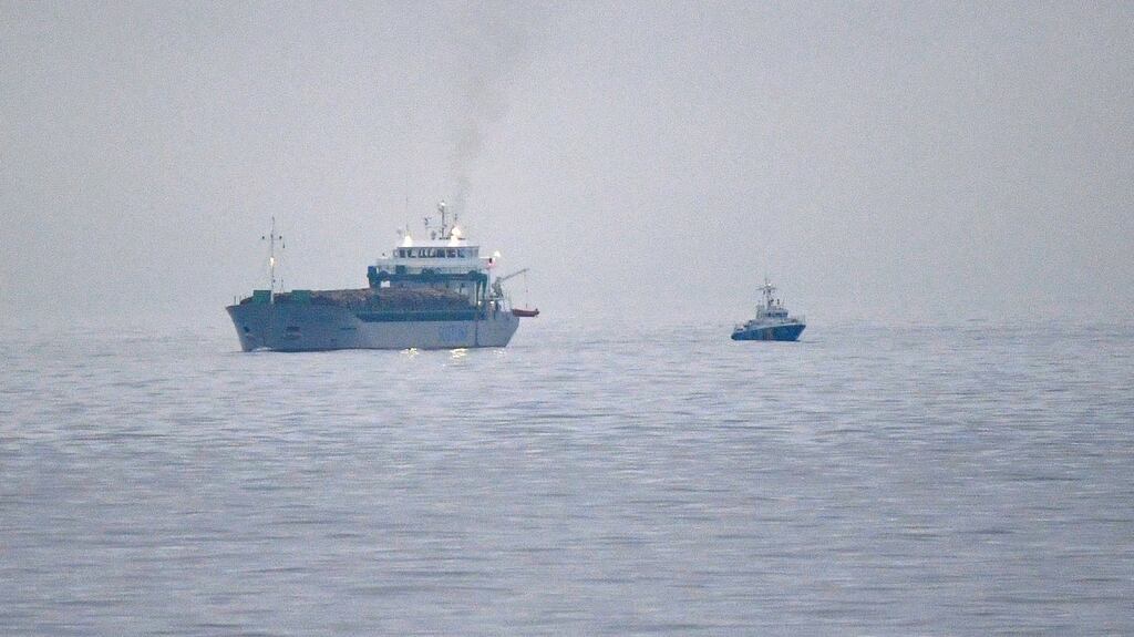 The British cargo ship Scot Carrier is seen on the left after it collided with the Danish cargo ship Karin Hoej, in the Baltic Sea. Photograph: Johan Nilsson/TT via AP