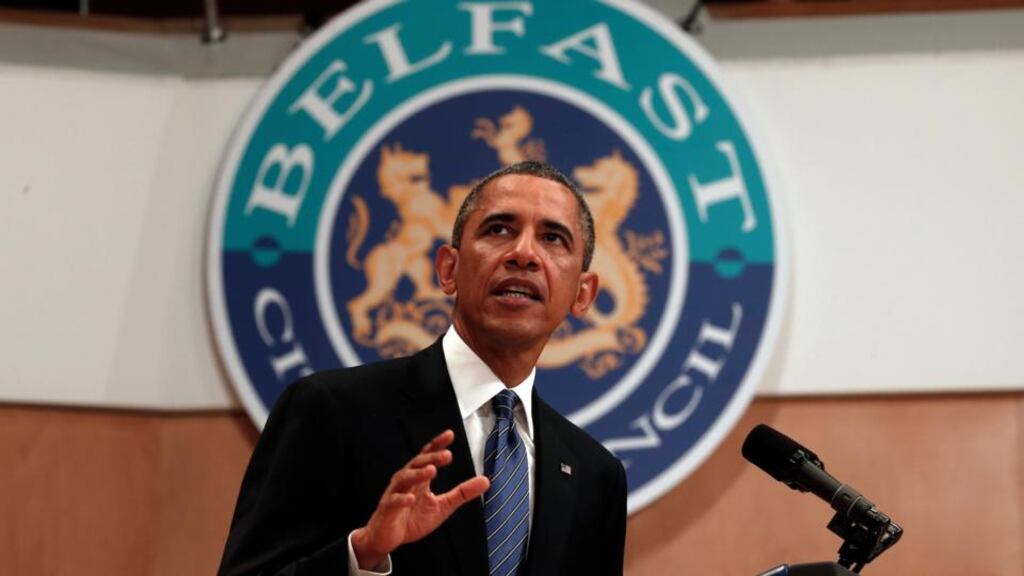 President Barack Obama speaks to students and other guests at Belfast Waterfront in Belfast this week. Photograph: Reuters