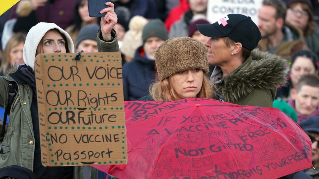 Demonstrators against the new Covid certification system protest outside Belfast City Hall. Photograph: Brian Lawless/PA Wire