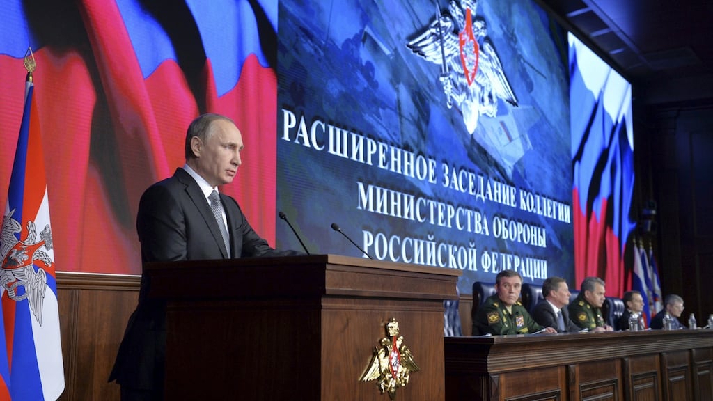 File photo: Russian president Vladimir Putin addresses the audience during an annual meeting at the defence ministry in Moscow, Russia, December 11th, 2015. The ministry said in a statement that a Russian destroyer had fired warning shots at a Turkish ship to avoid collision on Sunday. Photograph: Alexei Druzhinin/Reuters