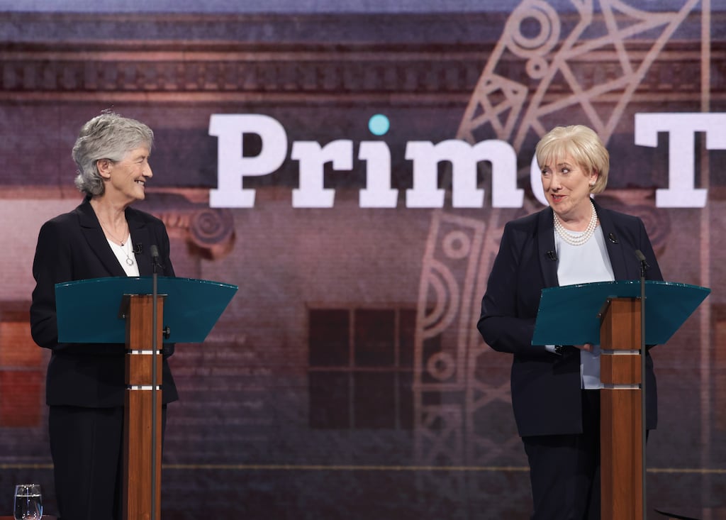 d. Presidential candidates Catherine Connolly and Heather Humphreys at RTE for the Prime Time live debate . Photograph: Leah Farrell / © RollingNews.ie