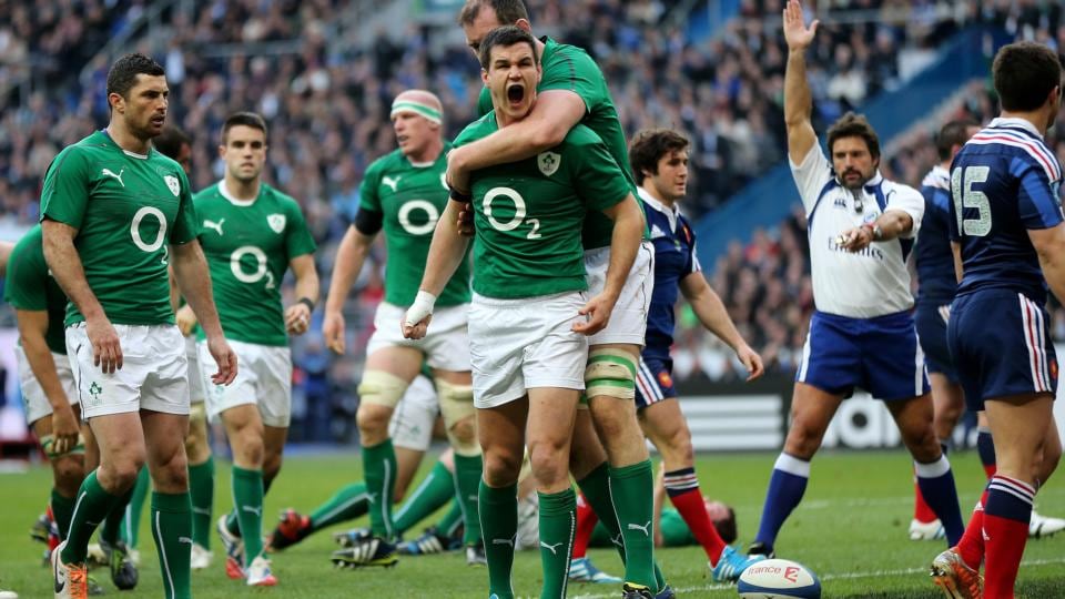 Sexton after his try against France. Photograph: James Crombie/Inpho