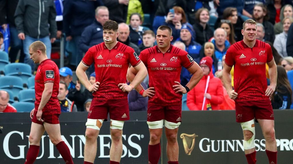 Munster’s Keith Earls, Jack O’Donoghue, CJ Stander and Chris Farrell dejected at the final whistle of the Guinness Pro 14 semi-final against Leinster at the RDS. Photograph: James Crombie/Inpho
