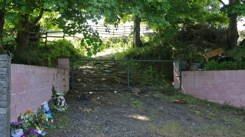 Flowers at the entrance to the steep incline where the body of Jastine Valdez was found in dense gorse off Pucks Castle Lan. Photograph: Colin Keegan/Collins Dublin.