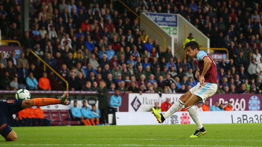 Jack Cork scores Burnley’s extra-time winner against Istanbul Basaksehir at Turf Moor. Photograph: Alex Livesey/Getty
