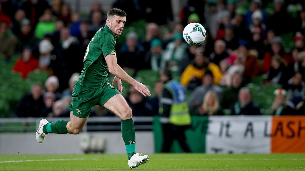 Ireland’s Troy Parrott chases a through ball against New Zealand. Photograph: Tommy Dickson/Inpho