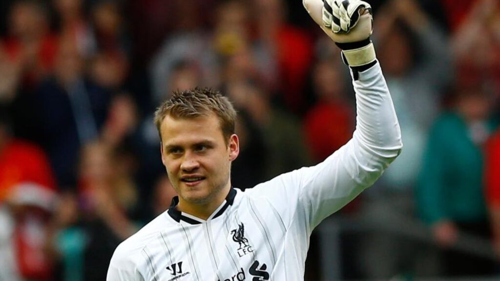 Liverpool goalkeeper Simon Mignolet gestures after their match against Stoke City. Photograph: Reuters/Darren Staples