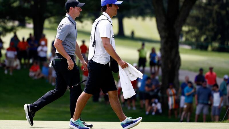 Rory McIlroy with his friend and caddie Harry Diamond  during Bridgestone Invitational at Firestone Country Club  in Akron, Ohio. Photograph:  Gregory Shamus/Getty Images