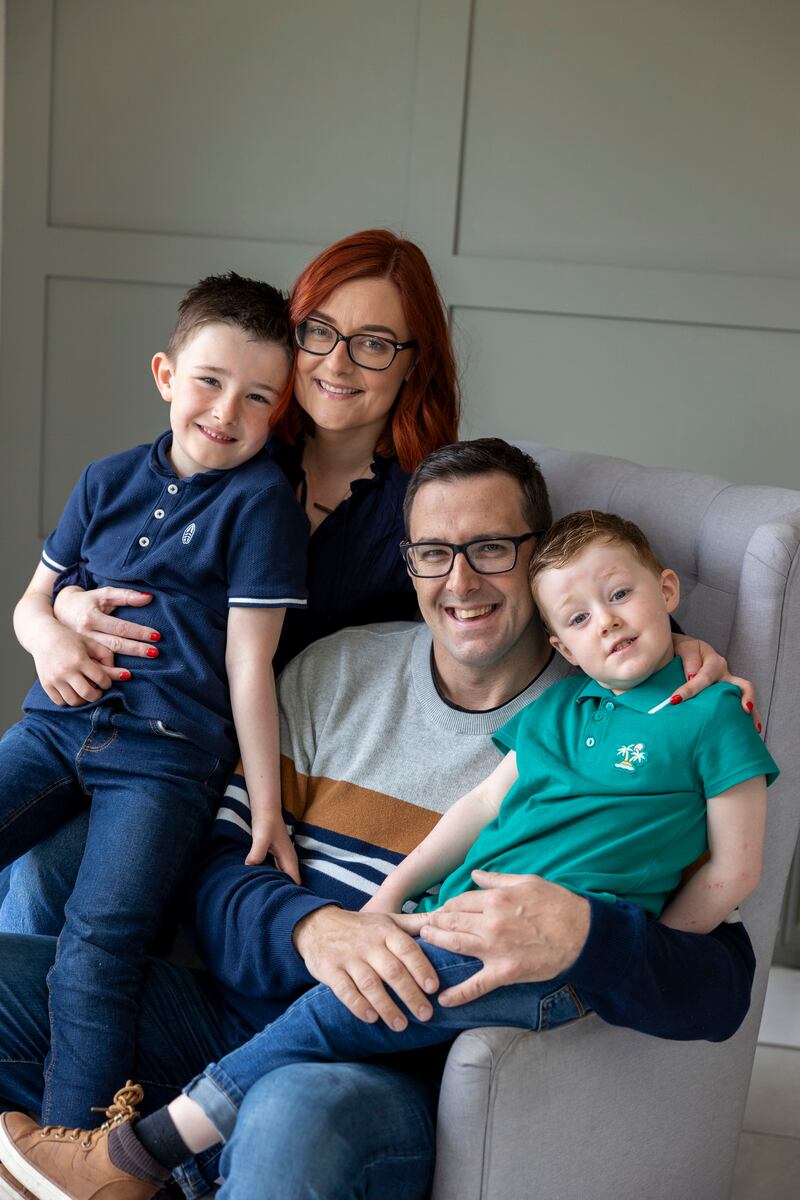 Mark Moore with his family. The home treatment he has been on since the end of 2021 is peritoneal dialysis, in which cleansing fluid is washed in and out through a tube inserted through the lining of the abdomen as he sleeps. 'I took to it like a duck to water.' Photograph: Tom Honan/The Irish Times