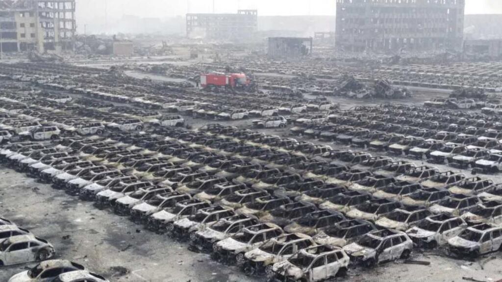 Vehicles burnt in Tianjin’s warehouse explosion on August 14th. Photograph: ChinaFotoPress/Getty Images