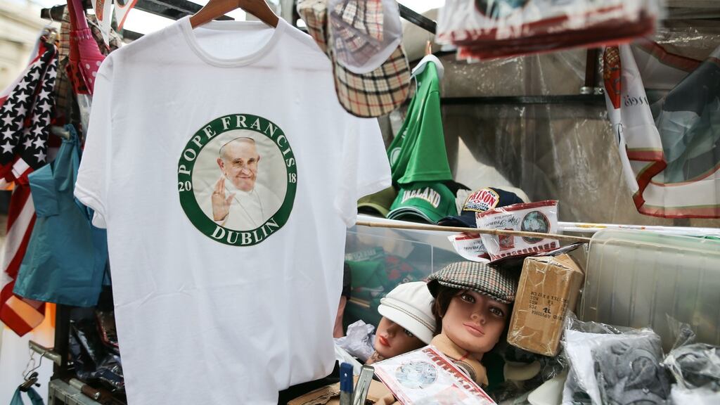 T-shirts of Pope Francis on sale in Dublin, ahead of this weekend’s visit to Ireland by Pope Francis. Photograph: Aaron Chown/PA Wire